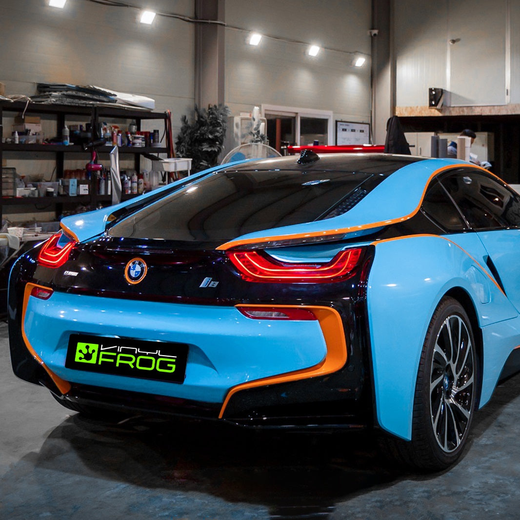 Rear view of BMW High Glossy Sky Blue Vinyl Wrap