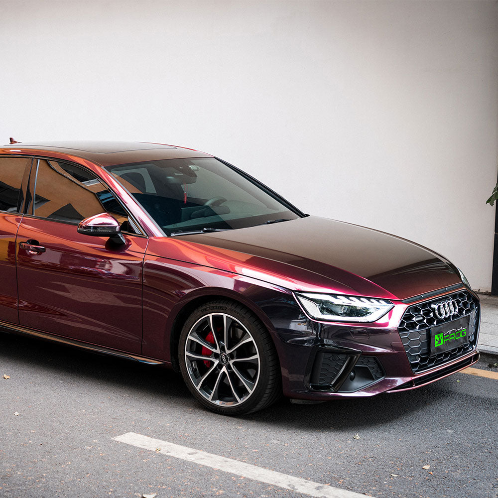 Audi wrapped in Rainbow Drift Black Red vinyl wrap.