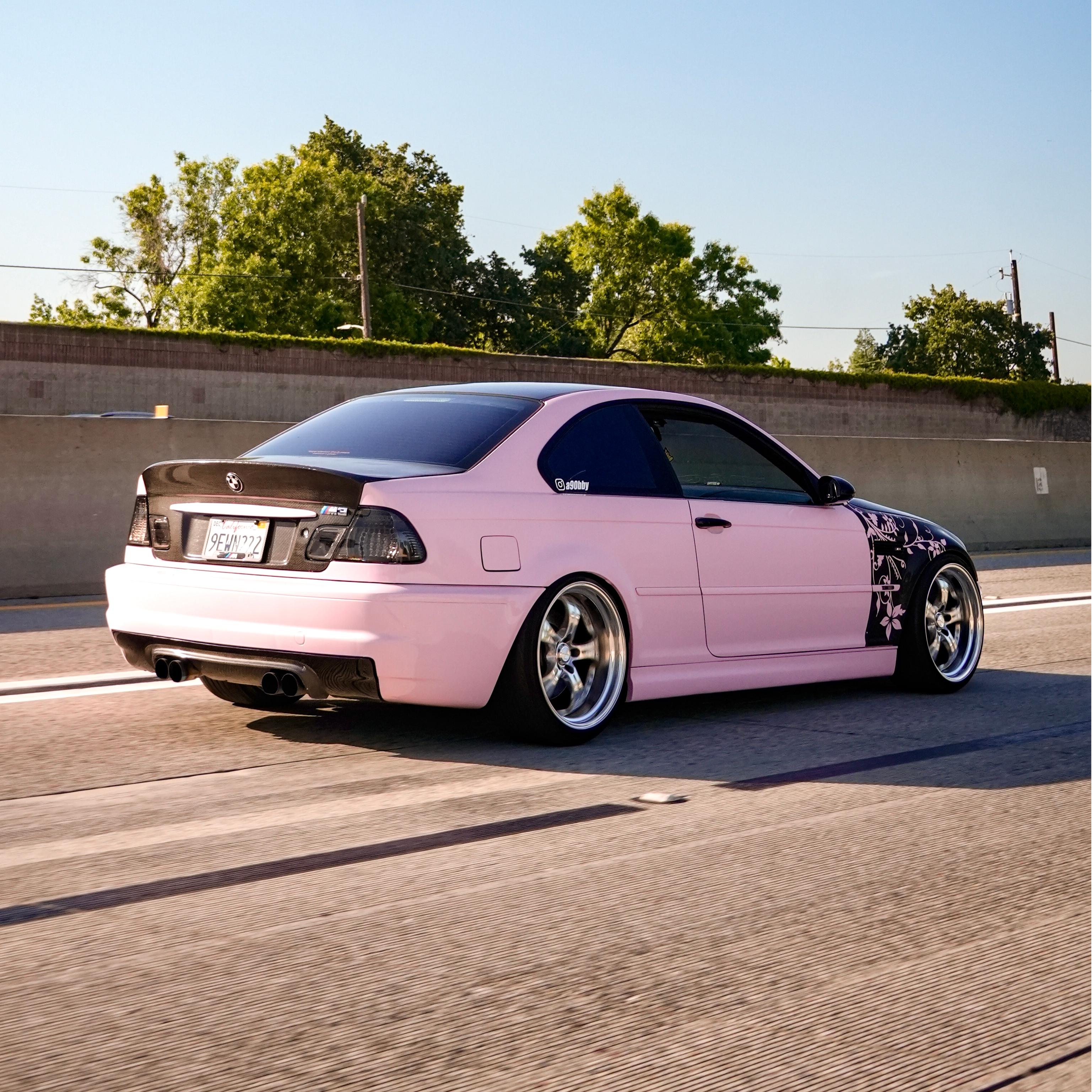 BMW E46 Coupe wrapped in High Glossy Baby Pink vinyl wrap.