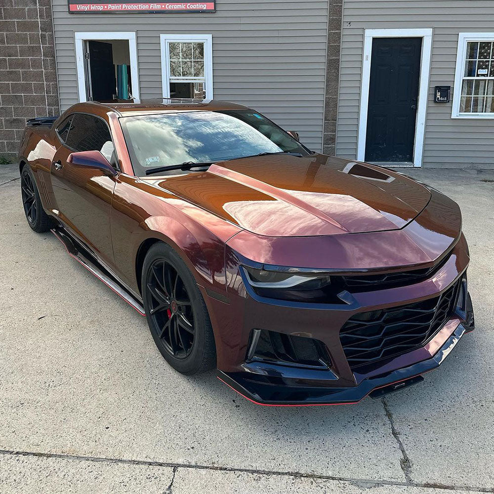 Chevrolet Camaro wrapped in Rainbow Drift Black Red vinyl wrap.