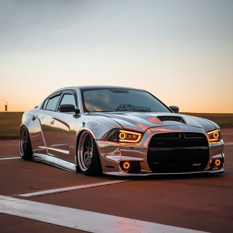 Dodge Charger wrapped in Mirror Chrome Silver vinyl wrap.