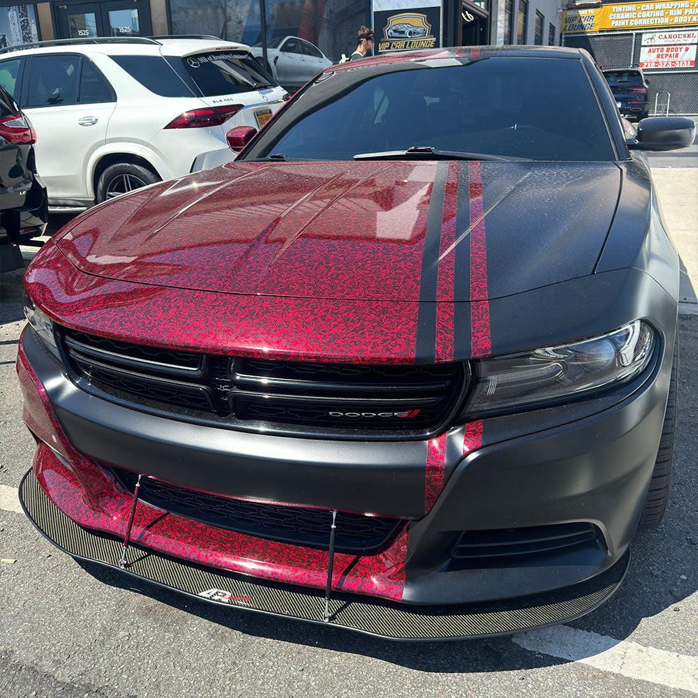 Dodge Charger hood wrapped with Red Forged Carbon Fiber Vinyl Wrap.