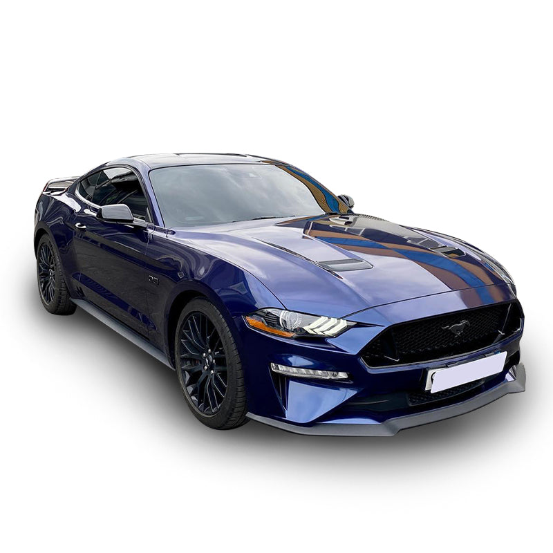 Ford Mustang wrapped in Glossy Metallic Tanzanite Blue vinyl wrap.