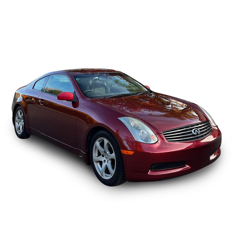 Infiniti G35 wrapped in Glossy Metallic Rufous Red vinyl wrap.