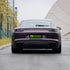 Porsche Panamera wrapped in Matte Metallic Black Purple vinyl wrap back view.