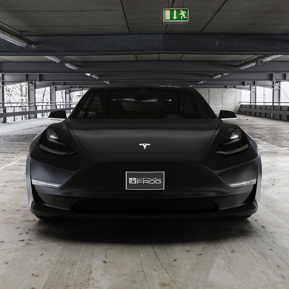Tesla Model 3 wrapped in Matte Silk Black Vinyl Wrap front view.
