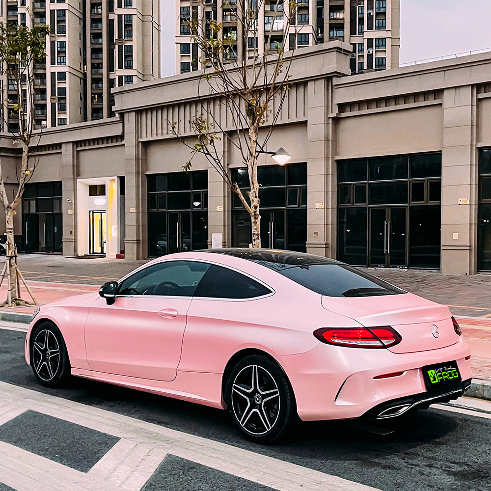 Mercedes-Benz C-Class Coupe wrapped in Matte Metallic Pearl Baby Pink vinyl wrap.