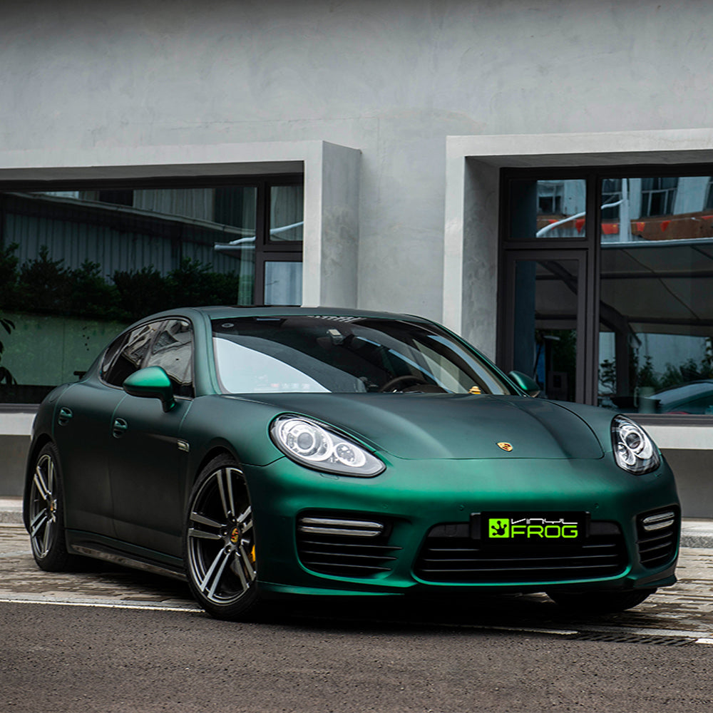 Porsche Panamera wrapped in Satin Chrome Silk Green vinyl wrap.