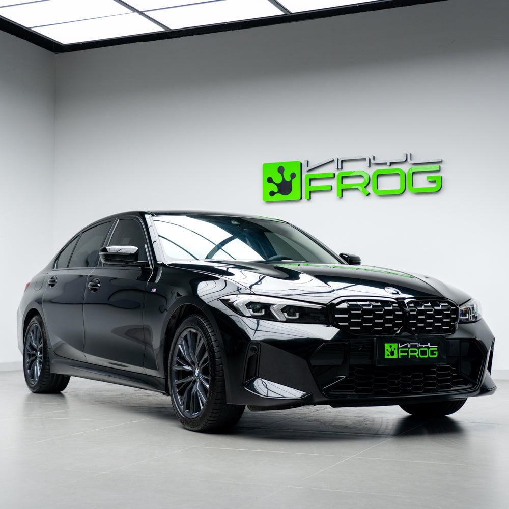 BMW 3 Series 325Li wrapped in Super Glossy Piano Black vinyl wrap front view.