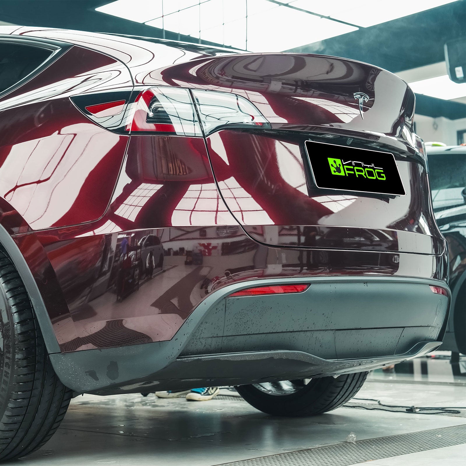 Tesla Model Y Rear Detail in Glossy Metallic Black Rose Color PPF