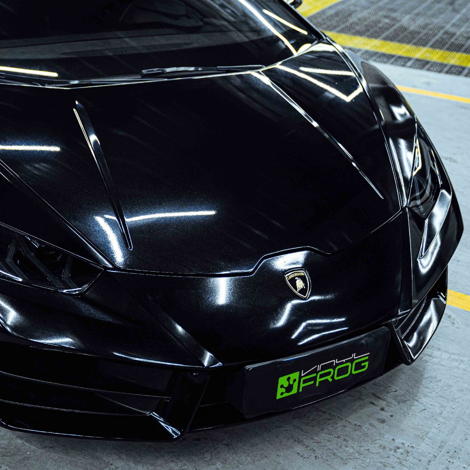 Front view of Lamborghini Glossy Metallic Metal Black Vinyl Wrap
