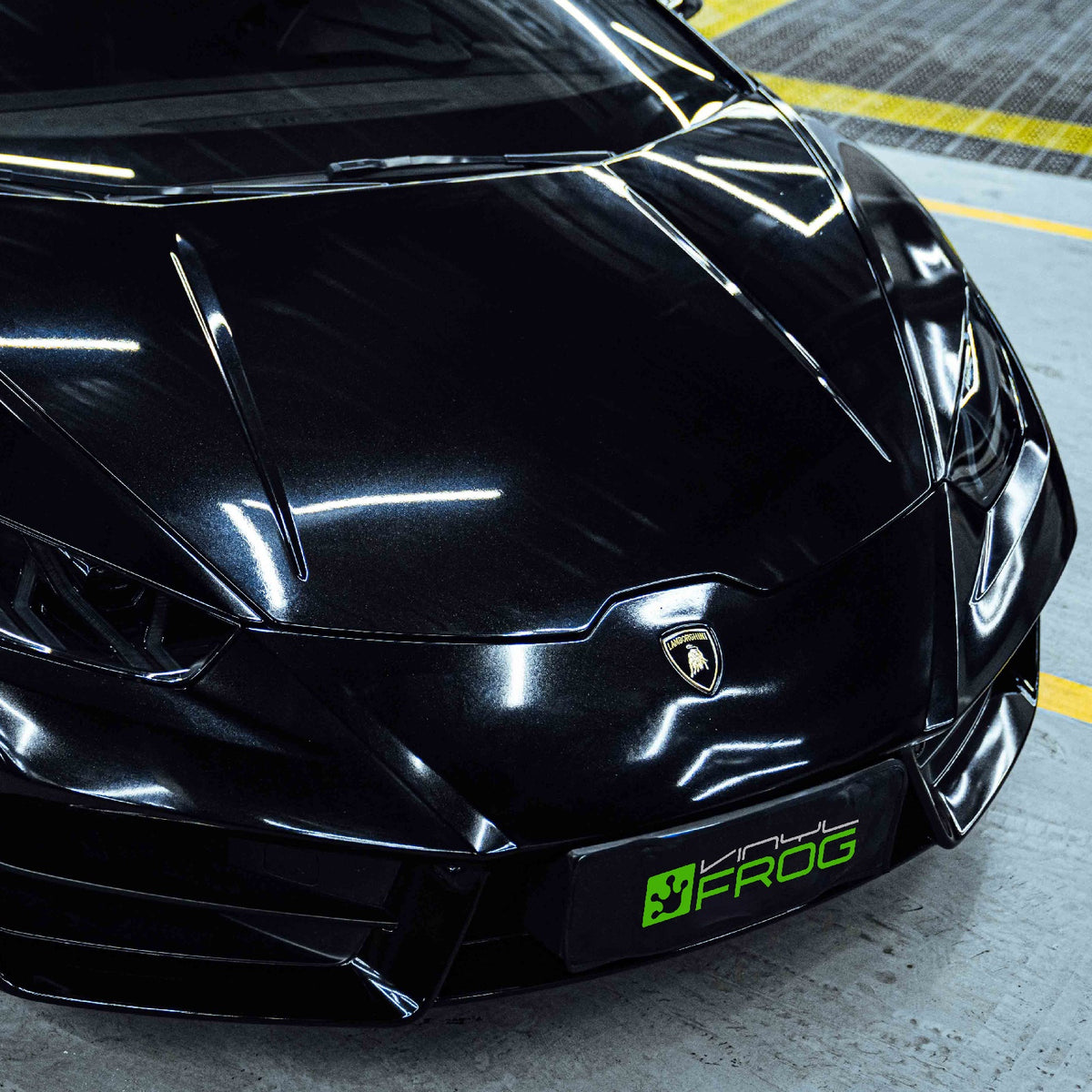 Front view of Lamborghini Glossy Metallic Metal Black Vinyl Wrap