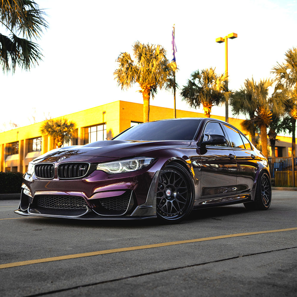 BMW wrapped in Glossy Metallic Plum Purple vinyl wrap down view 