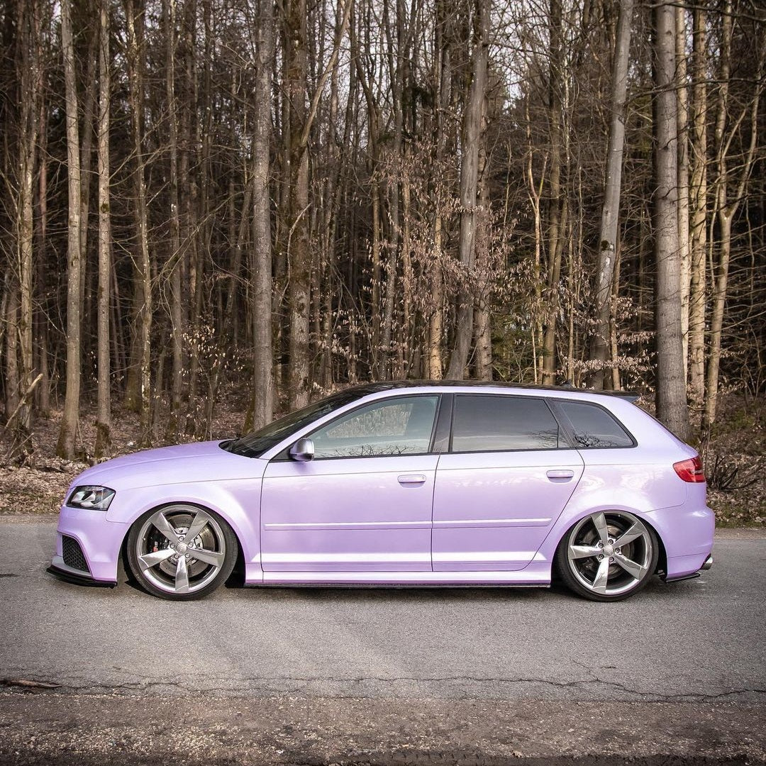 Side View of Audi Super Glossy Periwinkle Purple Vinyl Wrap