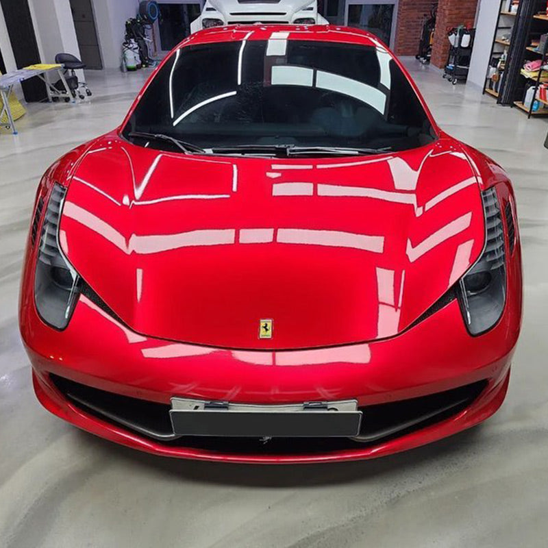 Ferrari 458 wrapped in Glossy Metallic Vampire Red vinyl wrap 