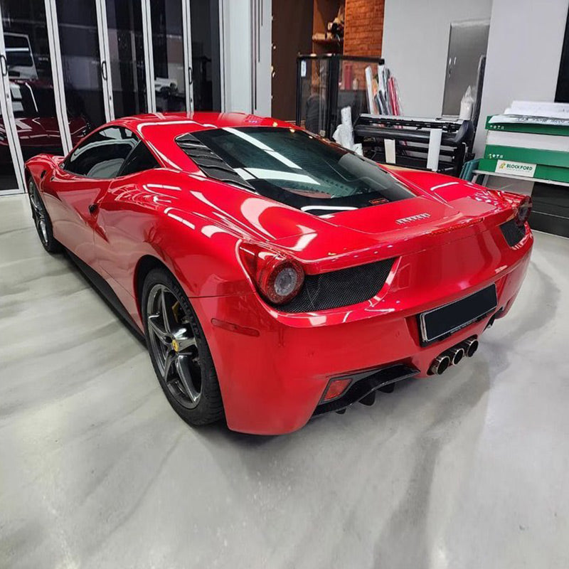 Ferrari 458 wrapped in Glossy Metallic Vampire Red vinyl wrap back view