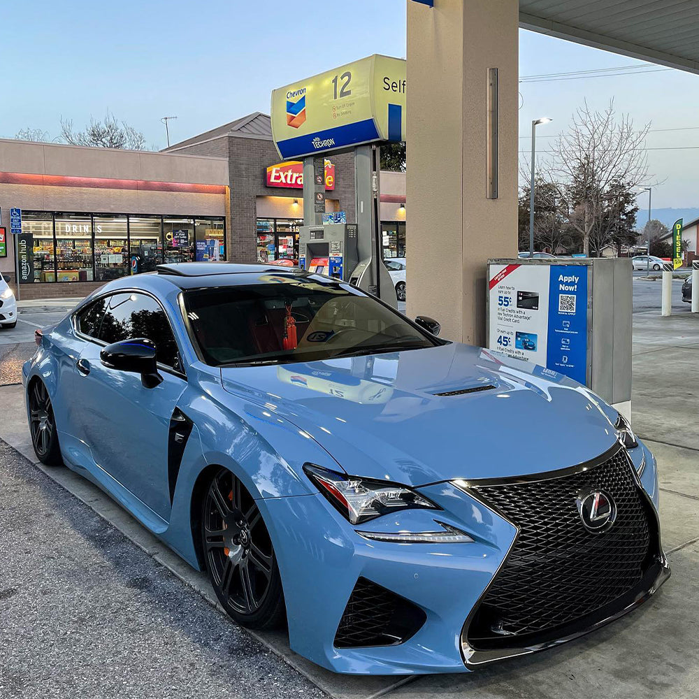 Lexus RC F wrapped in Super Glossy China Blue vinyl wrap.